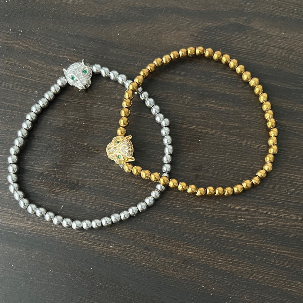 Elegant Silver and Gold Beaded Panther Bracelets